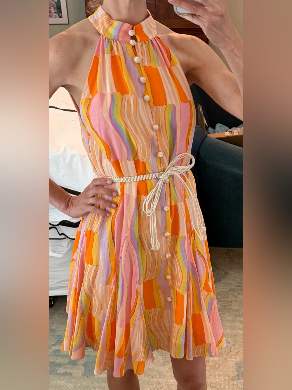 Sleeveless Multicolor Wave-Print Midi Dress - Pink & Orange